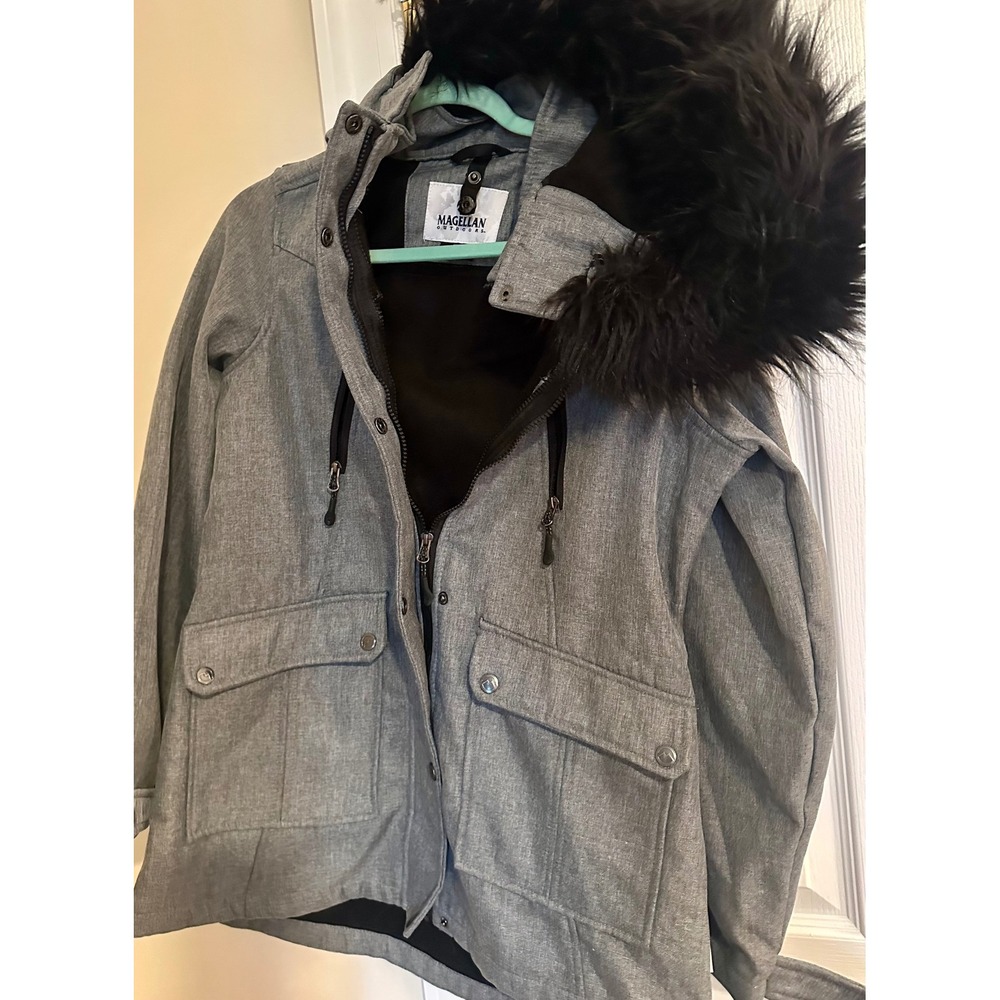 Magellan Outdoors Womens Gray Parka Jacket Faux Fur Trim Hood Small Heathered